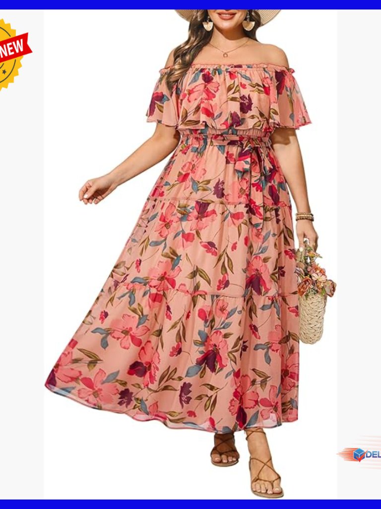 Plus Size Chiffon Off Shoulder Maxi Dress Floral Summer Casual Beach Boho